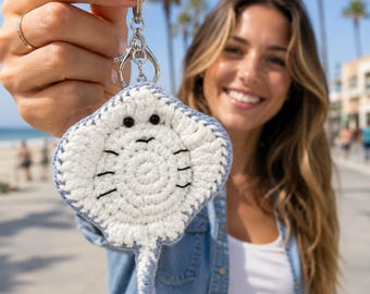 Llavero de raya de amigurumi de ganchillo para amantes de los animales marinos, adorno para bolso de vacaciones en la playa, recuerdo de cumpleaños