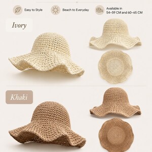 May include: Two crochet sun hats in ivory and khaki colors. The hats feature a wide, wavy brim and a rounded crown. Text includes 2 Neutral Colors, Easy to Style, Beach to Everyday, and Available in 54-59 CM and 60-65 CM sizes.