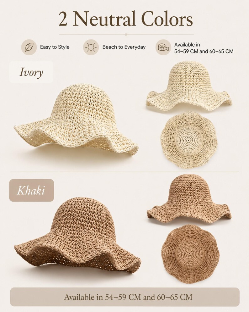 May include: Two crochet sun hats in ivory and khaki colors. The hats feature a wide, wavy brim and a rounded crown. Text includes 2 Neutral Colors, Easy to Style, Beach to Everyday, and Available in 54-59 CM and 60-65 CM sizes.