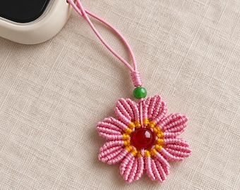 Pink Flower Phone Charm, Handmade Woven Strap, Birthday or Christmas Gift for Her