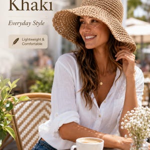 May include: A khaki-colored, wide-brimmed straw hat with a woven texture. The image includes text that reads Khaki, Everyday Style, and Lightweight & Comfortable. The hat features a rounded crown and a flexible, downward-sloping brim.