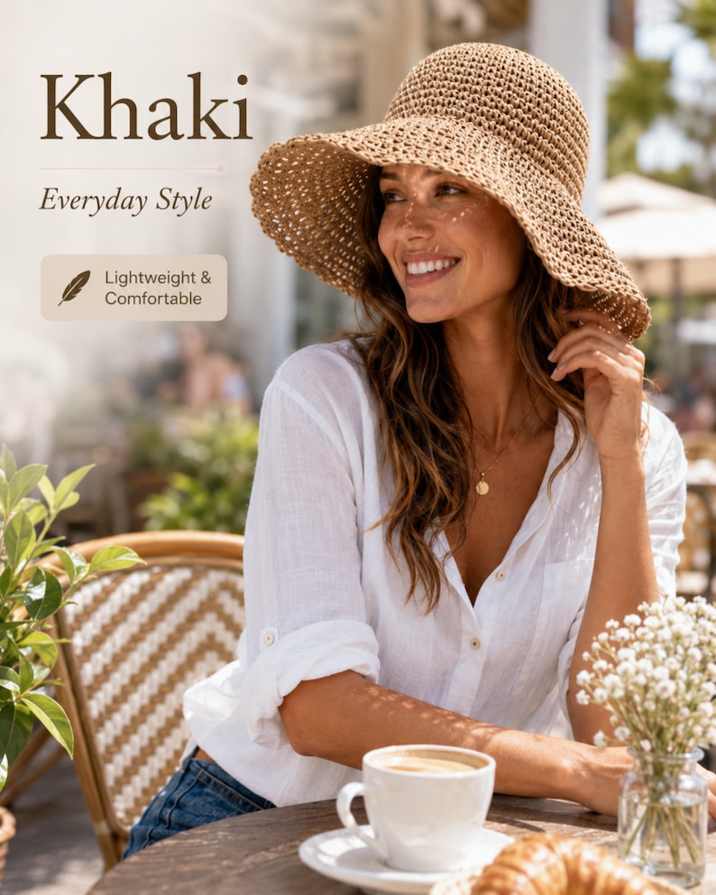 May include: A khaki-colored, wide-brimmed straw hat with a woven texture. The image includes text that reads Khaki, Everyday Style, and Lightweight & Comfortable. The hat features a rounded crown and a flexible, downward-sloping brim.