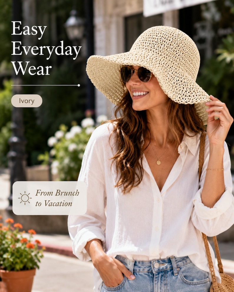 May include: An ivory-colored, wide-brimmed woven sun hat with a textured, open-knit pattern. The hat features a rounded crown and a flexible, downward-sloping brim. The text on the image reads: Easy Everyday Wear, Ivory, and From Brunch to Vacation.