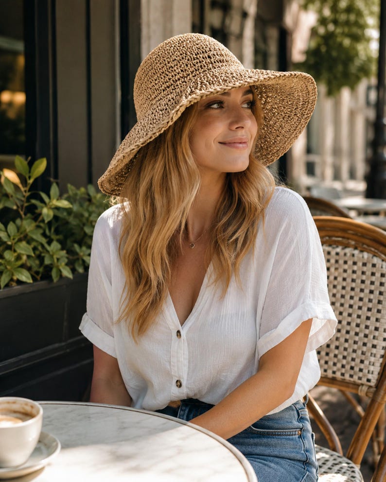 May include: A tan woven straw sun hat with a wide, flexible brim paired with a white short-sleeved button-down shirt featuring a V-neckline and cuffed sleeves, worn with blue denim jeans and a simple thin metallic necklace with a small circular pendant.