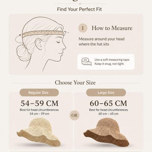 May include: A sizing guide infographic for hats featuring a line drawing of a head with a measuring tape. It displays two size categories: Regular Size for 54-59 cm and Large Size for 60-65 cm, each accompanied by a straw hat illustration.