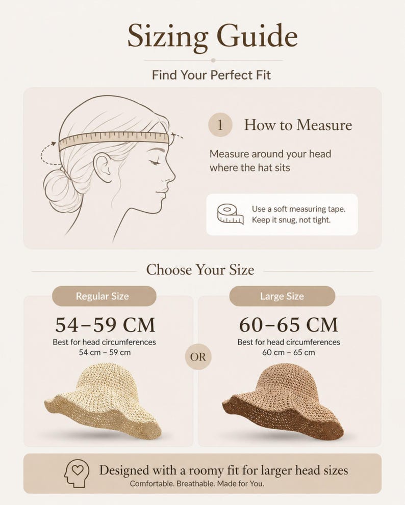 May include: A sizing guide infographic for hats featuring a line drawing of a head with a measuring tape. It displays two size categories: Regular Size for 54-59 cm and Large Size for 60-65 cm, each accompanied by a straw hat illustration.