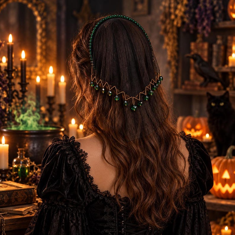 May include: A black veil headband featuring a band of small green beads and a sheer black fabric drape. The bottom edge of the veil is trimmed with a gold-toned zigzag chain adorned with dangling green crystal beads that hang over the hair.
