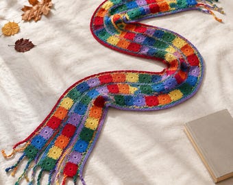 Colorful Granny Square Crochet Scarf, Handmade Cotton Boho Wrap, One-of-a-Kind Retro Gift for Her