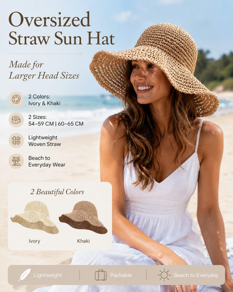 May include: An oversized straw sun hat with a wide, flexible brim and a woven texture. The hat is available in ivory and khaki colors, designed for head sizes ranging from 54-59 cm to 60-65 cm. The lightweight, packable hat features a classic design.
