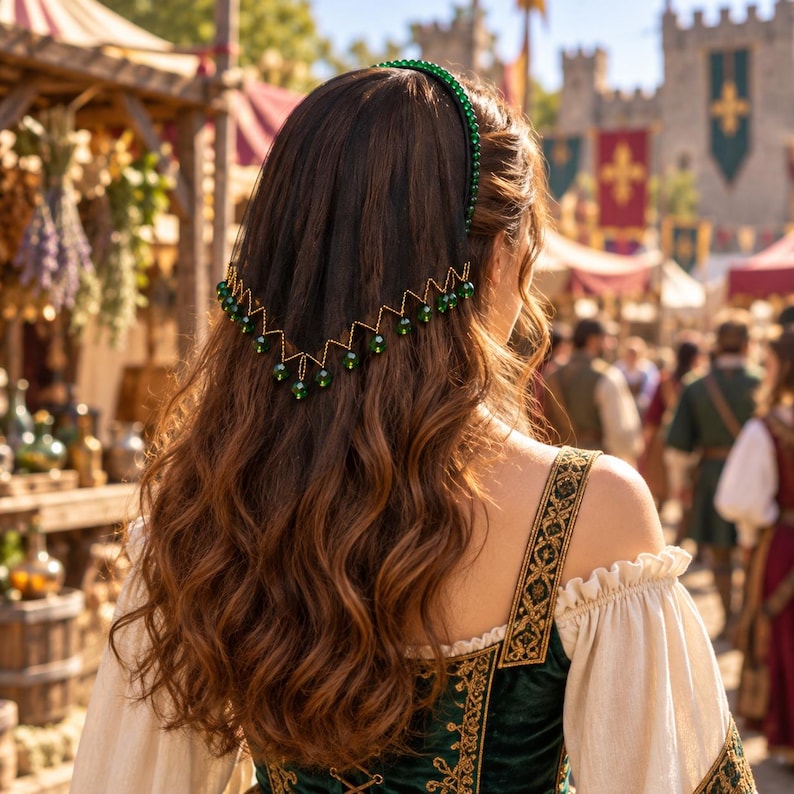 May include: A black headband featuring a row of small green beads along the top and a dangling gold-toned zigzag chain adorned with faceted green beads that drape over the back of the hair, creating a decorative accessory for the head.