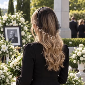 May include: A black headband featuring a sheer black veil and a decorative silver-toned chain fringe adorned with clear, faceted crystal-like beads that drape across the back of the head, creating a subtle, elegant accessory for formal attire.