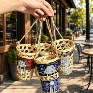 May include: Three cylindrical woven bamboo baskets with jute rope handles. Each basket features a decorative fabric band in red, black, or blue with intricate floral patterns and silver-toned metal ornaments with dangling charms attached.