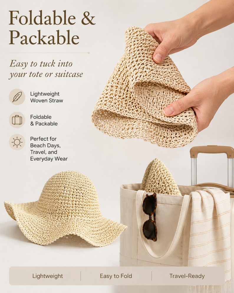 May include: A beige woven straw hat with a wide, wavy brim. The hat is foldable and packable. Text on the image reads: Foldable & Packable, Easy to tuck into your tote or suitcase, Lightweight Woven Straw, Foldable & Packable, Perfect for Beach Days, Travel, and Everyday Wear, Lightweight, Easy to Fold, Travel-Ready.