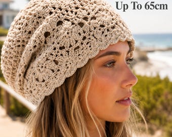 Gorro de ganchillo floral extragrande para cabezas grandes, gorro holgado de 65 cm, cómodo estilo costero australiano.