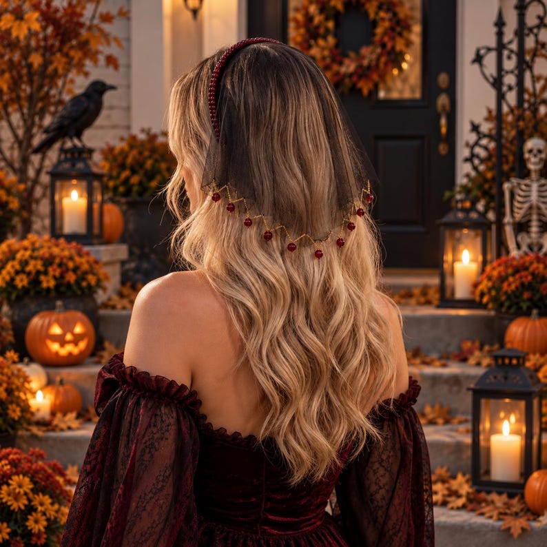 May include: A headband featuring a sheer black veil adorned with a delicate gold chain and small red beads. The headband itself is covered in matching red beads, creating a cohesive accessory that rests atop long, wavy, light brown hair.