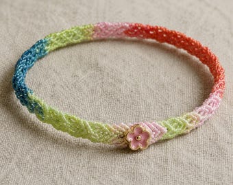 Pastel Rainbow Wax Cord Bracelet, Custom Friendship Jewelry, Handwoven Flower Charm