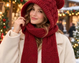 Cable Knit Hooded Scarf for Women with Pom Pom, Blue Winter Christmas Gift Accessory
