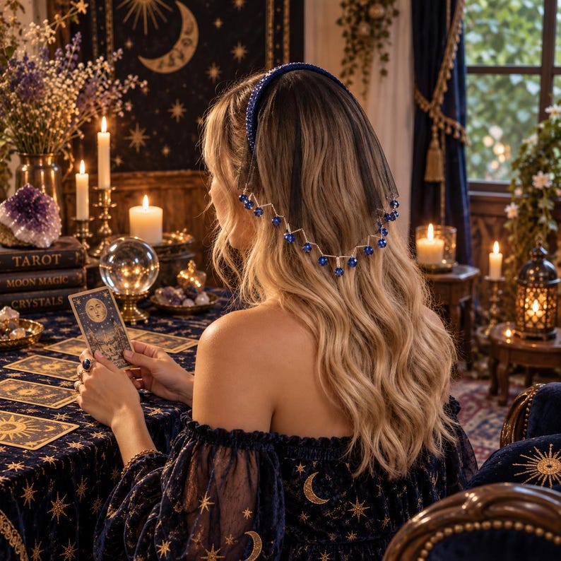 May include: A dark blue headband featuring a sheer black veil adorned with a zigzagging silver-toned chain and small, round, deep blue beads. The headband is worn on long, wavy blonde hair, with the veil draping gracefully over the back of the head.