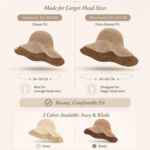 May include: A woven straw hat available in ivory and khaki colors. The graphic displays two size options: a standard fit for 54-59 cm head sizes and an oversized fit for 60-65 cm head sizes. The text includes Choose Your Best Fit and 2 Colors Available.