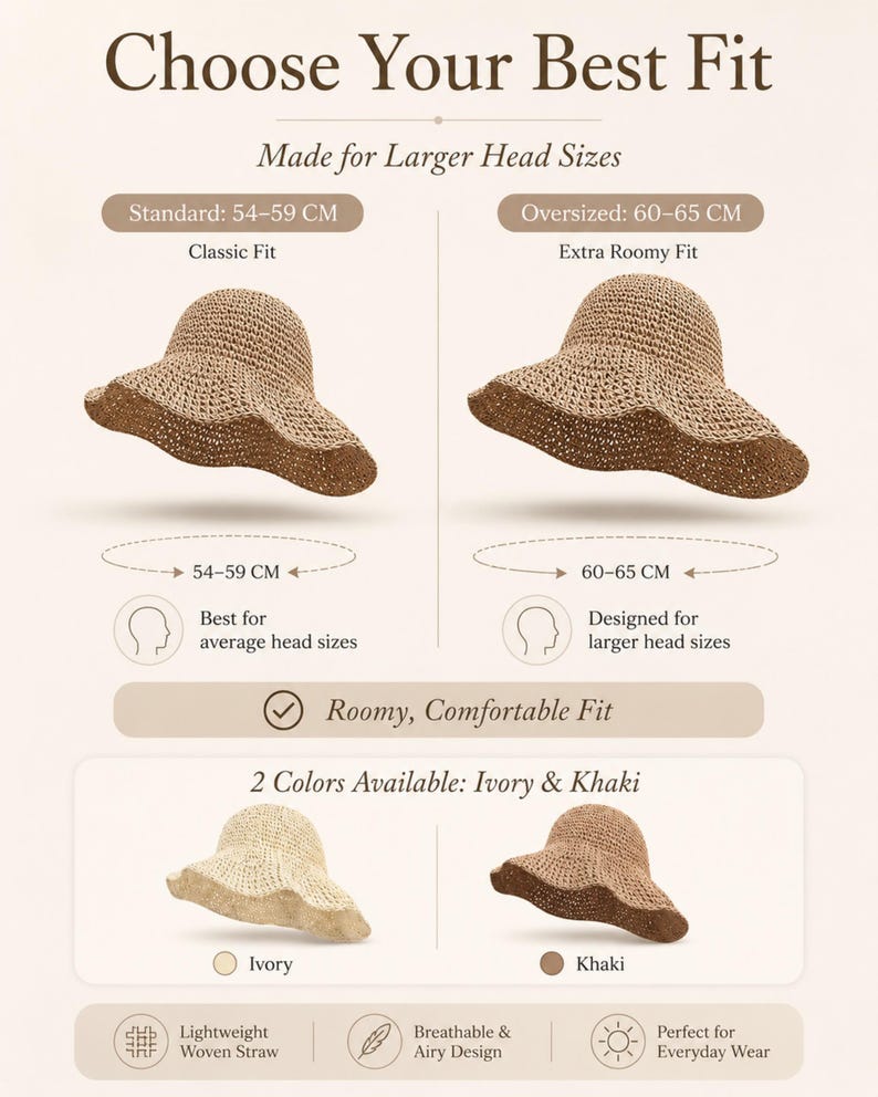 May include: A woven straw hat available in ivory and khaki colors. The graphic displays two size options: a standard fit for 54-59 cm head sizes and an oversized fit for 60-65 cm head sizes. The text includes Choose Your Best Fit and 2 Colors Available.