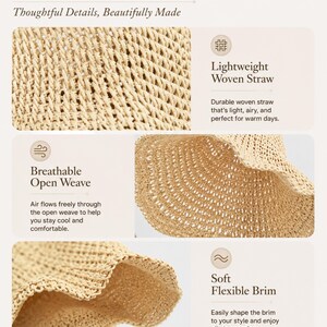 May include: A beige woven straw hat featuring a breathable open weave pattern and a soft, flexible brim. The image includes text: Crafted for Comfort, Thoughtful Details, Beautifully Made, Lightweight Woven Straw, Breathable Open Weave, Soft Flexible Brim, Comfortable for Sunny Days.