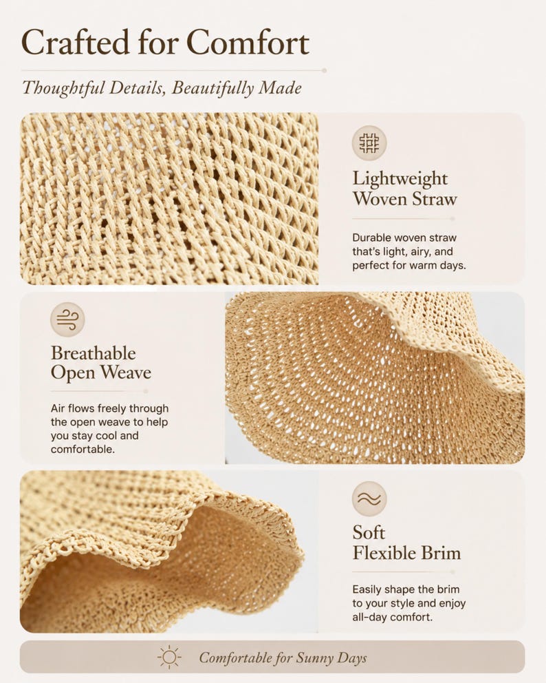 May include: A beige woven straw hat featuring a breathable open weave pattern and a soft, flexible brim. The image includes text: Crafted for Comfort, Thoughtful Details, Beautifully Made, Lightweight Woven Straw, Breathable Open Weave, Soft Flexible Brim, Comfortable for Sunny Days.