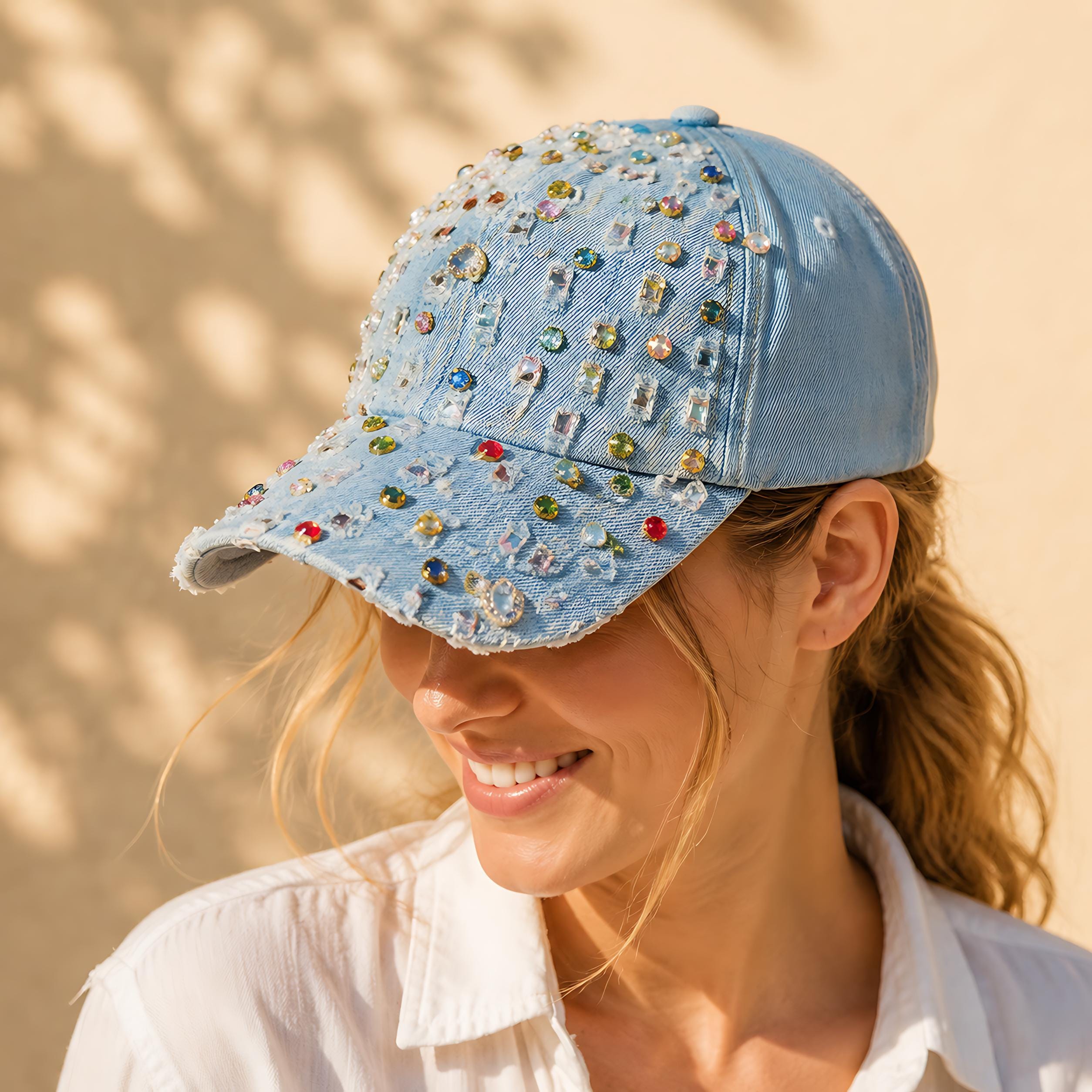 Vintage Y2K Rhinestone Distressed Denim Baseball Cap  display picture 1