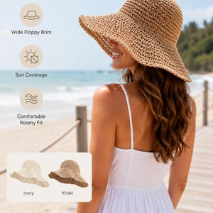 May include: A khaki-colored woven straw hat with a wide, floppy brim. The hat is presented with icons and text highlighting features including a wide floppy brim, sun coverage, and a comfortable roomy fit. Two color options are shown: ivory and khaki.