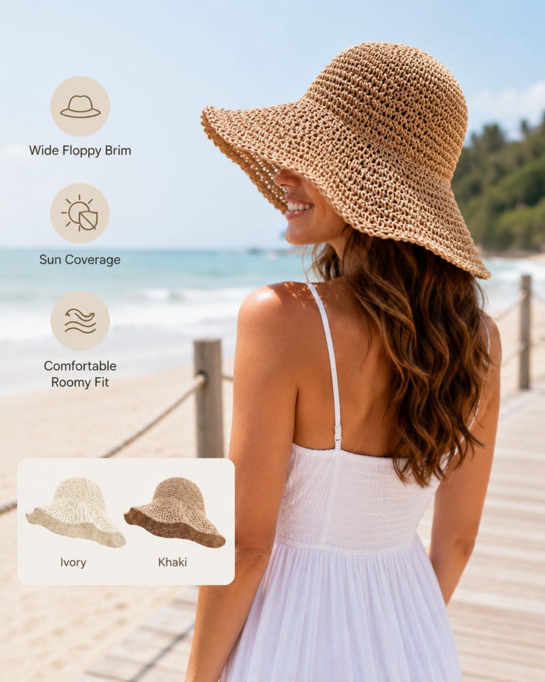 May include: A khaki-colored woven straw hat with a wide, floppy brim. The hat is presented with icons and text highlighting features including a wide floppy brim, sun coverage, and a comfortable roomy fit. Two color options are shown: ivory and khaki.