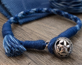 Indigo Dyed Cotton Bracelet, Hand-Braided Unisex Blue Cord with Tibetan Silver Meaningful Anniversary Gift