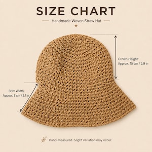 May include: A tan woven straw hat with a size chart displaying a crown height of 5.9 inches and a brim width of 3.1 inches. The text reads SIZE CHART, Handmade Woven Straw Hat, and Hand-measured. Slight variation may occur.