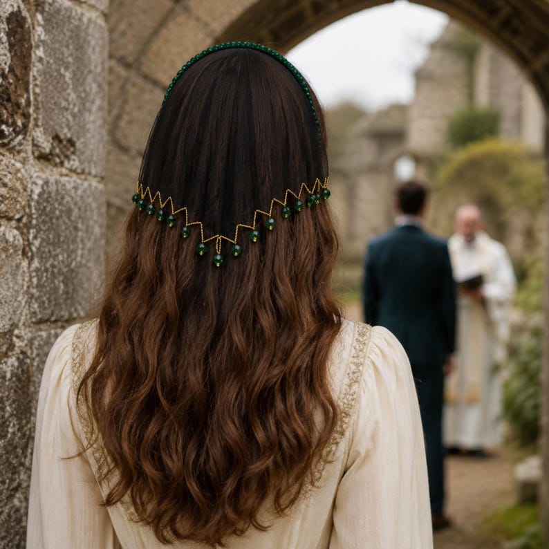 May include: A headband featuring a black veil with a gold-toned zigzag trim adorned with small, round, dark green beads. The headband itself is covered in matching dark green beads, resting on long, wavy brown hair above a cream-colored garment.