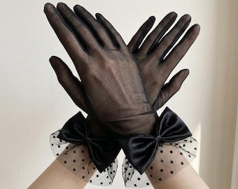 Guantes negros transparentes con lazo y encaje, elegantes guantes de novia de estilo francés vintage, accesorio para fiestas de boda.