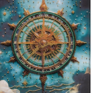 May include: A beaded compass rose artwork, featuring gold, teal, and brown beads. The design is set against a blue and teal background with gold stars and clouds. The artwork is framed, with measurements in cm.