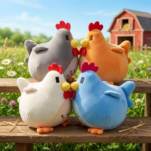 May include: Four plush chickens in various colors: gray, orange, white, and blue. Each chicken has a red comb, yellow beak, and orange feet. They are sitting on a wooden bench with a farm scene in the background.
