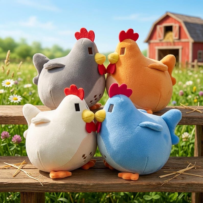 May include: Four plush chickens in various colors: gray, orange, white, and blue. Each chicken has a red comb, yellow beak, and orange feet. They are sitting on a wooden bench with a farm scene in the background.