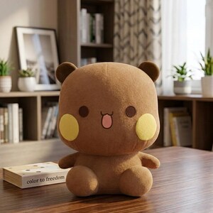 May include: A brown plush bear with yellow cheek circles, brown eyes, and a pink tongue. The bear has small brown ears and is sitting on a wooden surface. A book with the text "color to freedom" is in front of the bear.