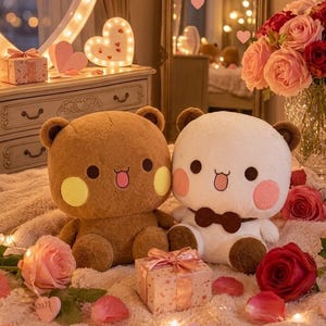 May include: Two plush bear toys, one brown and one white, sit on a soft, textured surface. The bears have cute facial features and are surrounded by roses, rose petals, and a gift box. Decorative heart-shaped lights and a mirror are in the background.