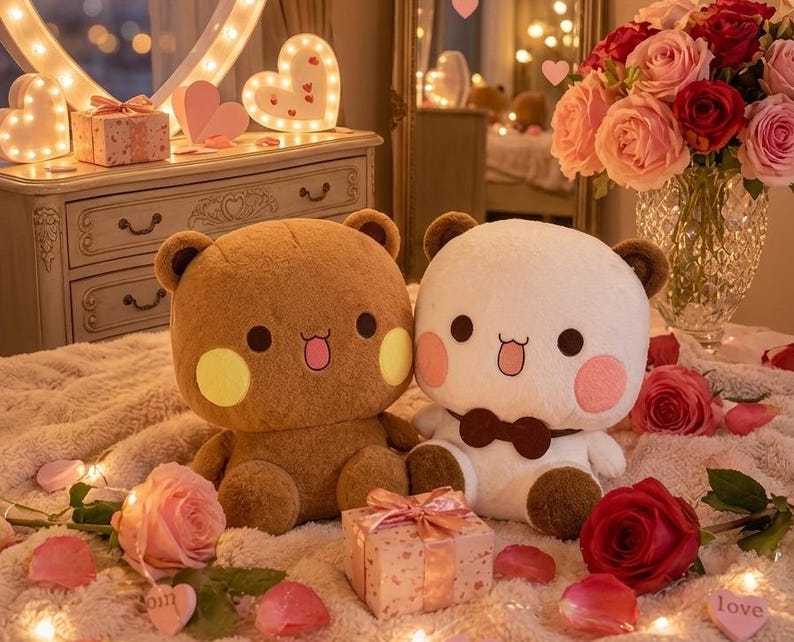 May include: Two plush bear toys, one brown and one white, sit on a soft, textured surface. The bears have cute facial features and are surrounded by roses, rose petals, and a gift box. Decorative heart-shaped lights and a mirror are in the background.