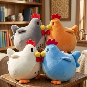 May include: Four plush chicken toys in gray, orange, white, and blue. Each has a red comb, yellow wattle, and orange feet. The chickens are sitting on a wooden surface.