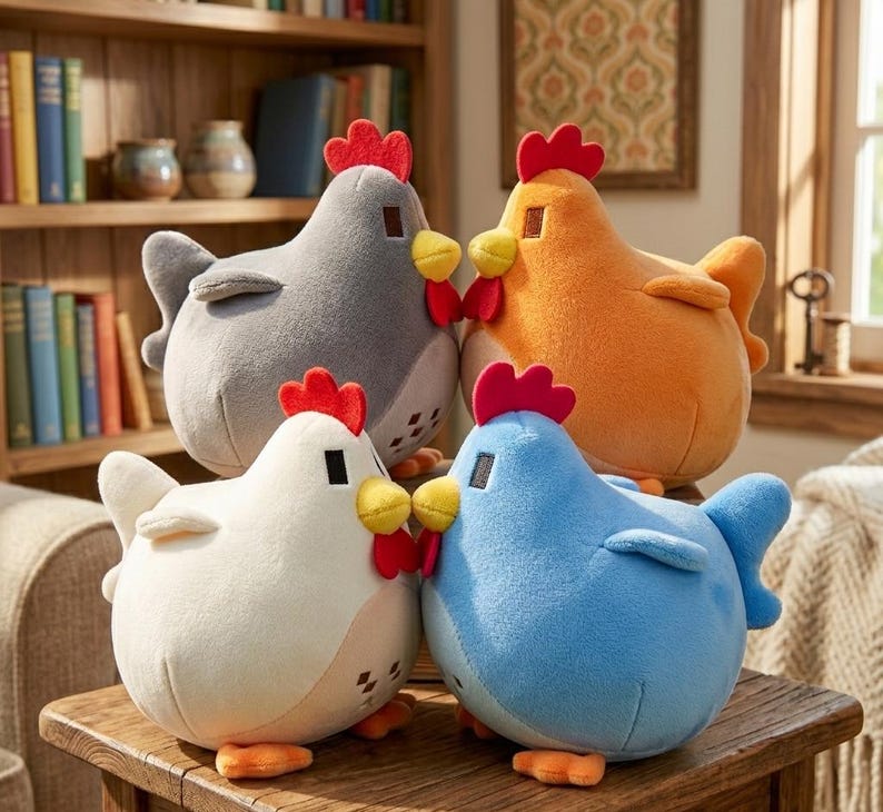 May include: Four plush chicken toys in gray, orange, white, and blue. Each has a red comb, yellow wattle, and orange feet. The chickens are sitting on a wooden surface.