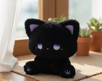 Kawaii Black Cat Plushie | Embroidered Kitty, Cozy Decor