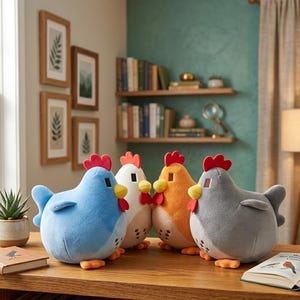 May include: Four plush chicken toys in blue, white, orange, and gray, each with a red comb, yellow beak, and orange feet. The stuffed animals are arranged on a wooden table, with a succulent plant and books in the background.