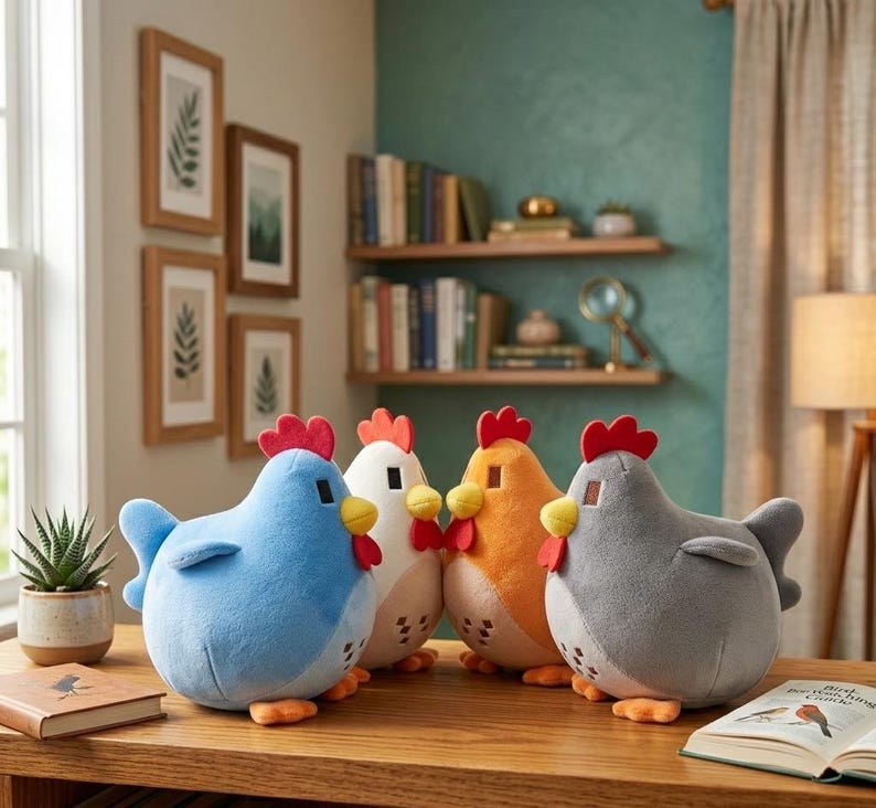 May include: Four plush chicken toys in blue, white, orange, and gray, each with a red comb, yellow beak, and orange feet. The stuffed animals are arranged on a wooden table, with a succulent plant and books in the background.
