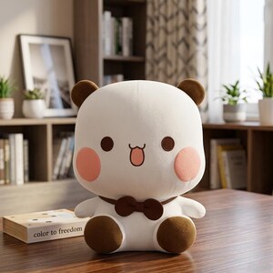 May include: A plush toy shaped like a bear with a white body, brown ears, and brown feet. It has pink cheeks, brown eyes, and a small brown bow tie. The toy is sitting on a wooden surface.