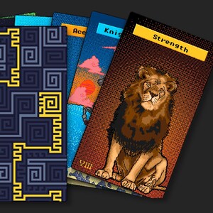 May include: A deck of tarot cards featuring a card labeled Strength with a lion illustration and the Roman numeral VIII. Other cards show pixelated art, including a blue card with a sun and clouds, and a dark card with yellow geometric patterns.