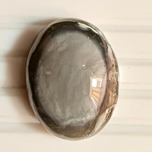 May include: A polished, oval-shaped stone with a dark gray and white marbled pattern. The stone has a smooth, reflective surface, and is set against a white background with green grass in the top corner. The stone is approximately 2 inches long.