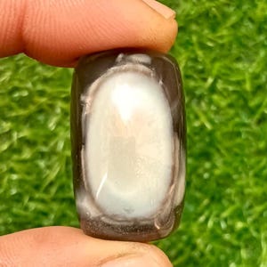 Op de afbeelding: Een gepolijste, rechthoekige edelsteen met een centraal ovaal van crèmewit, omgeven door bruine en grijze banden. De steen wordt tussen twee vingers gehouden tegen een groene achtergrond.