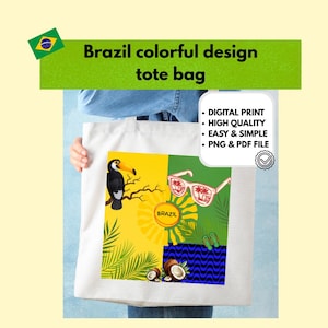Op de afbeelding: Een witte draagtas met een kleurrijk ontwerp met Brazilië als thema. Het ontwerp bevat een toekan, zonnebril, kokosnoten en het woord "Brazilië". De tas heeft ook de tekst "Brazil colorful design tote bag".