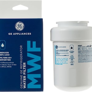 May include: A white GE refrigerator water filter and its blue box. The box reads "GE Appliances" and "MWF Genuine GE Refrigerator Water Filter." The filter reduces 99% lead and filters 50+ impurities. The filter is designed to be replaced every 6 months.